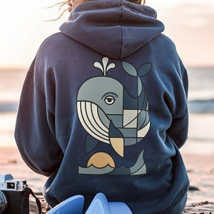 Sweat à capuche géométrique baleine océan animal minimaliste vie marine artistique unisexe pull cadeau