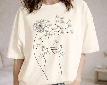 Camiseta minimalista com estampa de gato e flor - Presente fofo para amante de gatos - Cores aconchegantes - Arte floral em linhas