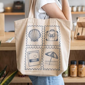 Vintage Summer Stamps Tote Bag, Retro Summer Vibes Reusable Tote, Eco Friendly Canvas Shopping Bag, Coastal Coquette Summer Vacation Bag