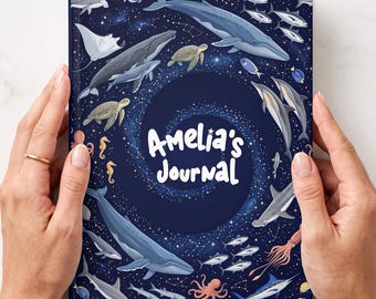 Diário personalizado com animais marinhos para crianças: caderno personalizado com nome, baleias, golfinhos, tubarões, tartarugas marinhas, presente para amantes do oceano.