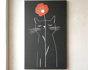 Arte de parede minimalista com gato fofo, arte botânica em linhas, decoração moderna para casa, tela emoldurada com um toque lúdico, presente para amantes de gatos, arte floral.