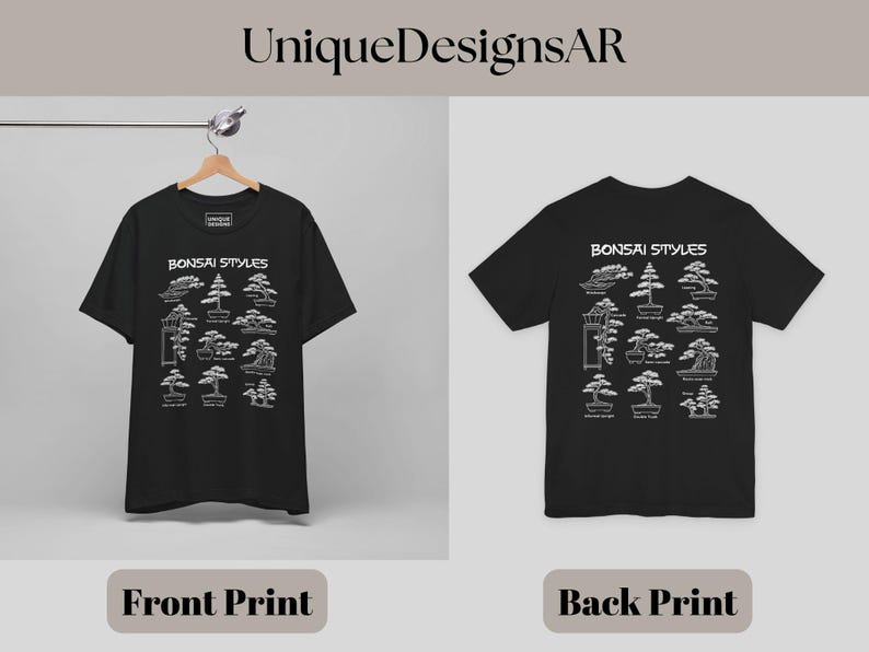 May include: A black short-sleeve t-shirt featuring a white graphic print titled Bonsai Styles. The design displays various bonsai tree illustrations with labels. The front view shows the shirt on a hanger, while the back view shows the full print.