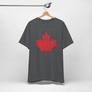 Pode incluir: Uma t-shirt de manga curta cinzento-carv&atilde;o com um grande gr&aacute;fico central de uma folha de &aacute;cer vermelha. O design da folha de &aacute;cer tem uma textura desgastada e envelhecida em toda a sua superf&iacute;cie. A t-shirt tem gola redonda e est&aacute; num cabide.
