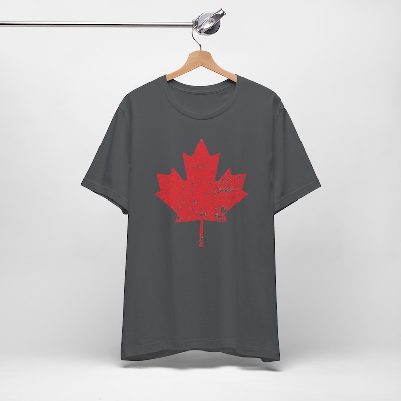 Pode incluir: Uma t-shirt de manga curta cinzento-carv&atilde;o com um grande gr&aacute;fico central de uma folha de &aacute;cer vermelha. O design da folha de &aacute;cer tem uma textura desgastada e envelhecida em toda a sua superf&iacute;cie. A t-shirt tem gola redonda e est&aacute; num cabide.