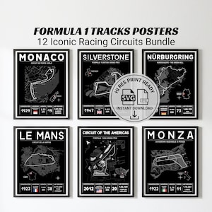 Formel 1-banors väggkonstpaket – 12 minimalistiska F1-racingkartor, digital nedladdning, SVG PNG-set