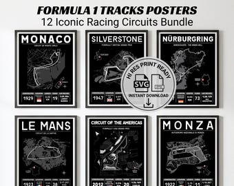 Formula 1 Tracks Wall Art Bundle – 12 Minimalist F1 Racing Circuit Map Prints Digital Download SVG PNG Set
