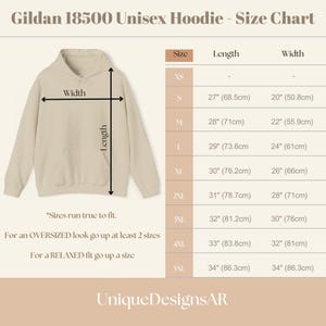 May include: A beige Gildan 18500 unisex hoodie with a size chart. The chart shows measurements for sizes XS to 5XL, with lengths from 27 inches to 34 inches and widths from 20 inches to 34 inches. The text "Sizes run true to fit" is included.