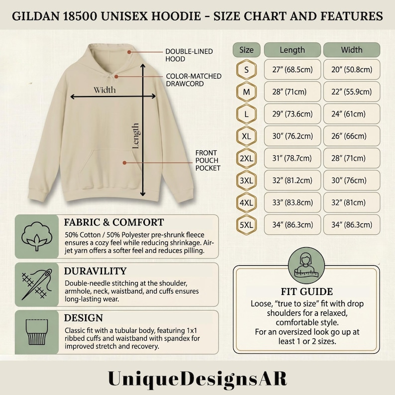 May include: A Gildan 18500 unisex hoodie size chart and features guide. The image displays a beige hoodie with a double-lined hood, color-matched drawcord, and front pouch pocket. A table lists sizes S through 5XL with length and width in inches.