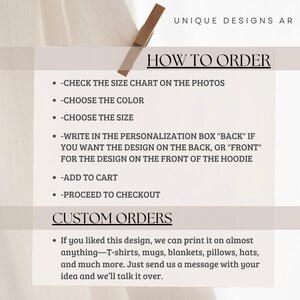 May include: A white card with instructions on how to order from Unique Designs AR. The steps include checking the size chart, choosing a color and size, and adding to cart. The card also mentions custom orders for various items like t-shirts and mugs.