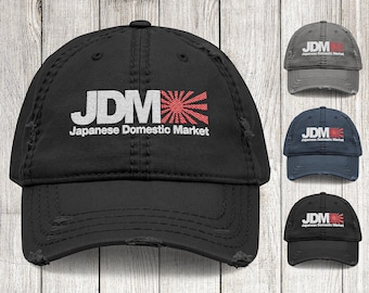 Embroidered JDM Hat with Japanese Domestic Market Design, Distressed Unisex Cap for Car Enthusiasts