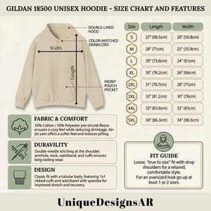K&ouml;nnte beinhalten: Beige Gildan 18500 Unisex-Hoodie mit doppelt gef&uuml;tterter Kapuze, farblich passendem Kordelzug und Fronttasche. Die Gr&ouml;&szlig;entabelle zeigt Ma&szlig;e von S bis 5XL, mit L&auml;ngen von 68,5 cm bis 86,3 cm. Der Stoff besteht aus 50 % Baumwolle und 50 % Polyester.