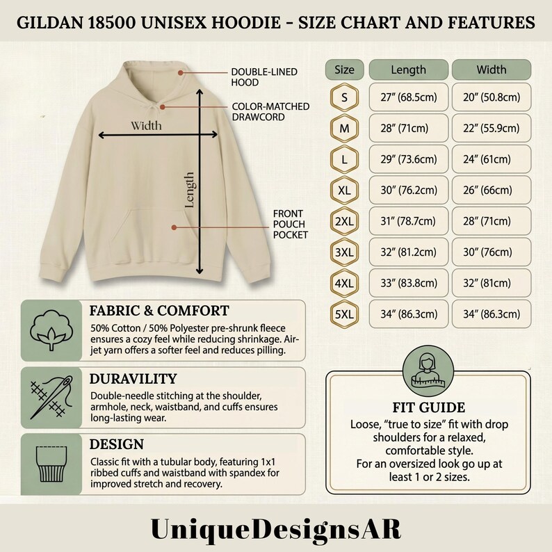 K&ouml;nnte beinhalten: Beige Gildan 18500 Unisex-Hoodie mit doppelt gef&uuml;tterter Kapuze, farblich passendem Kordelzug und Fronttasche. Die Gr&ouml;&szlig;entabelle zeigt Ma&szlig;e von S bis 5XL, mit L&auml;ngen von 68,5 cm bis 86,3 cm. Der Stoff besteht aus 50 % Baumwolle und 50 % Polyester.