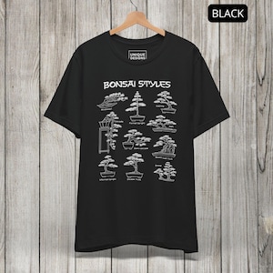 May include: A black t-shirt featuring a white graphic print titled BONSAI STYLES. The design displays nine distinct bonsai tree illustrations with labels including Windswept, Cascade, Formal Upright, Leaning, Raft, Semi-cascade, Roots-over-rock, Informal Upright, Double Trunk, and Group.