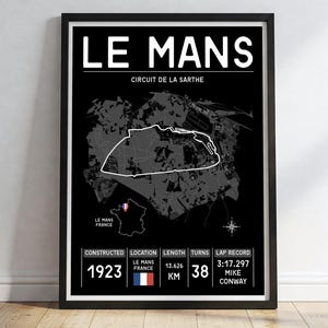 Puede incluir: Póster enmarcado en negro con el mapa del circuito de Le Mans. El póster incluye el texto "LE MANS CIRCUIT DE LA SARTHE" y detalles como el año 1923, la longitud de la pista (13,626 km) y el récord de vuelta.