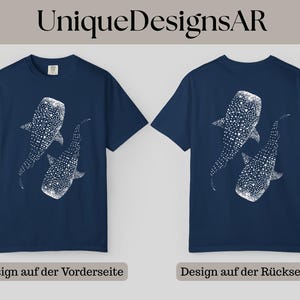 May include: Navy blue t-shirt featuring a white illustration of two whale sharks. The design is on both the front and back of the shirt. The text "UniqueDesignsAR" is at the top of the image.