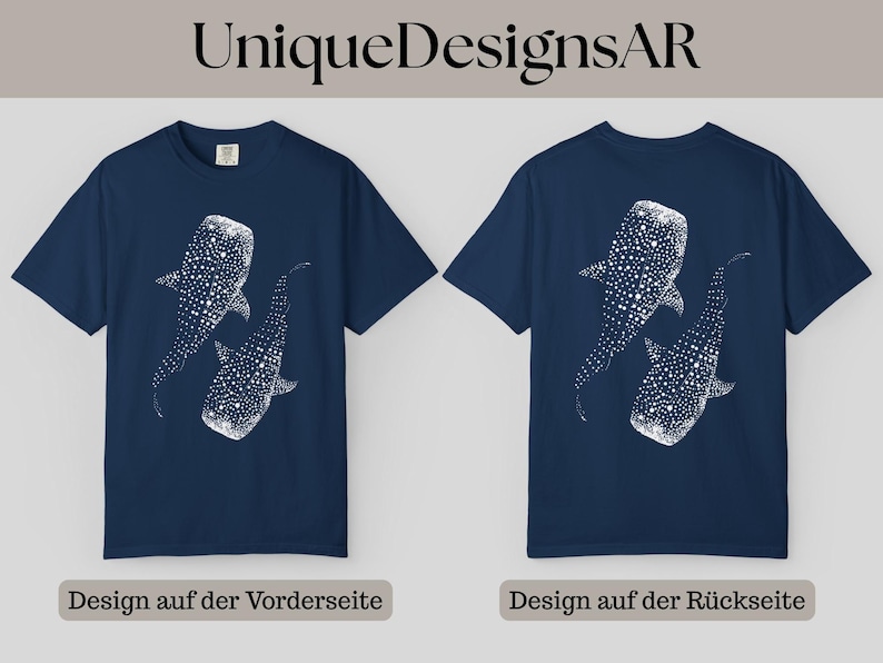 May include: Navy blue t-shirt featuring a white illustration of two whale sharks. The design is on both the front and back of the shirt. The text "UniqueDesignsAR" is at the top of the image.