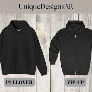 Peut inclure: Deux sweats &agrave; capuche noirs, un mod&egrave;le &agrave; enfiler et un mod&egrave;le zipp&eacute;, sont pr&eacute;sent&eacute;s sur un fond en bois clair. Le mod&egrave;le &agrave; enfiler a une poche kangourou. Le mod&egrave;le zipp&eacute; a une fermeture &eacute;clair int&eacute;grale. Le texte "UniqueDesignsAR" est en haut.