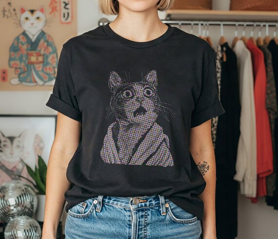 Camiseta de gato pop art, camiseta retro de gato en semitono