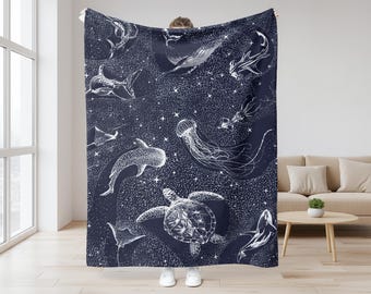 Coperta con animali dell'oceano, coperta in velluto Sherpa con vita marina celeste, coperta accogliente per gli amanti dell'oceano