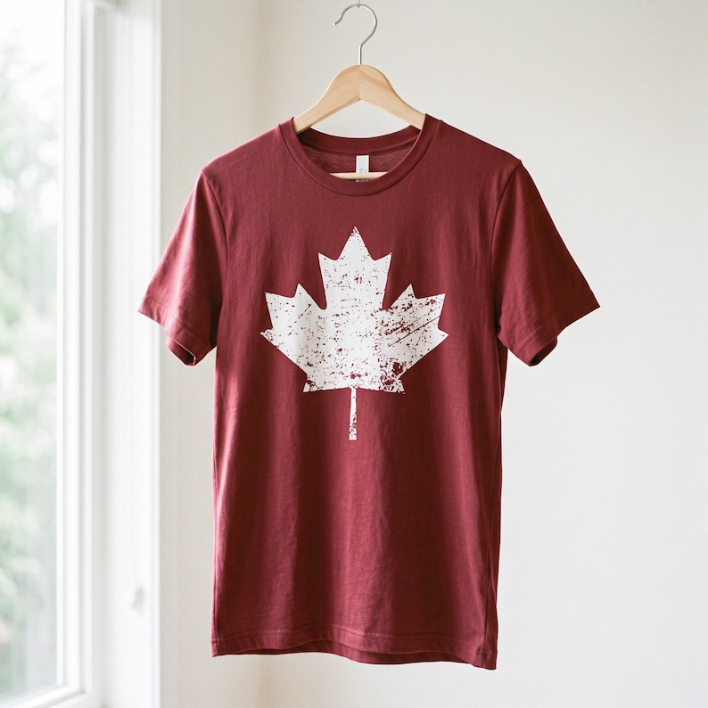 Pode incluir: Uma t-shirt de manga curta cor de vinho com um gr&aacute;fico grande de uma folha de &aacute;cer branca com efeito desgastado centrado no peito. A pe&ccedil;a &eacute; exibida num cabide de madeira, apresentando uma gola redonda e uma bainha reta padr&atilde;o.