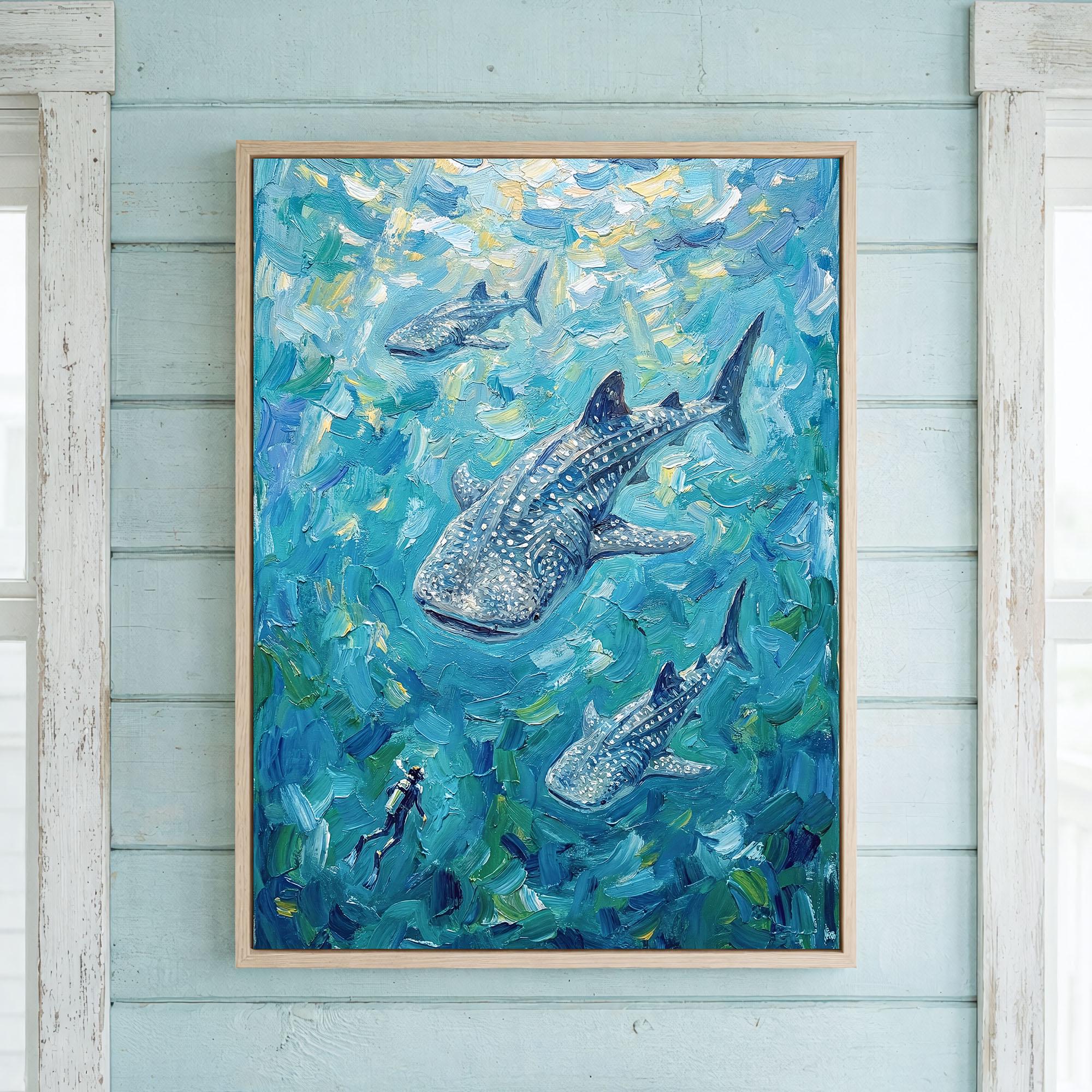 Whale Shark Art Print Underwater Scuba Diver Ocean Impresionist Style ...