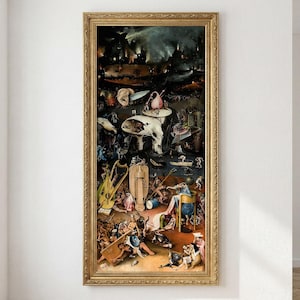 以下が含まれることがあります： 詳細なシュールレアリスム絵画の額装プリント。このアートワークは、多数の人物、空想的な生き物、建築要素を含む混沌としたシーンを特徴としています。カラーパレットはアースカラーが支配的で、青、赤、金のアクセントがあります。フレームは金色です。