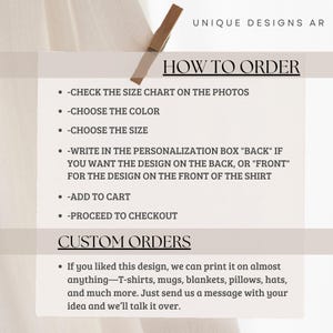 May include: A white informational card with black text titled UNIQUE DESIGNS AR and HOW TO ORDER. It lists steps to check size charts, choose color and size, specify design placement, add to cart, and checkout, plus a section for CUSTOM ORDERS.