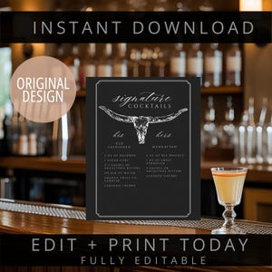 Menu cocktail signature de mariage | Carte de cocktails occidentaux | Modèle de toile | Téléchargement numérique | Entièrement modifiable