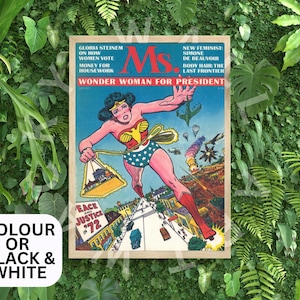 Superwoman Famoso Cartel Impresión Revista Portada, Gloria Steinman Simone de Beauvoir, Derechos del Feminismo Feminista, color o blanco y negro, cómic
