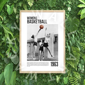 Impresión de carteles vintage de baloncesto femenino, blanco y negro, década de 1960, juegos deportivos feministas, derechos de las mujeres, mujer, nueva sala de estar en casa, paquete