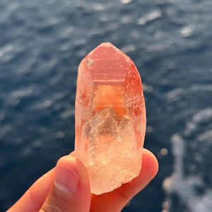 Pink Scarlet Temple Lemurian Quartz Point, 63g, High Grade, Diamantina, Minas Gerais, Brazil, AAA Point, Master Healer, Hematite Inclusion