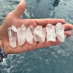 May include: A collection of six clear quartz crystal points, also known as rock crystals, displayed on a hand. The crystals are various sizes and shapes, with some having a more pointed tip than others.