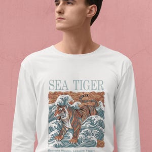 Sea Tiger Long Sleeve T-Shirt | Japanese Tiger & Ocean Waves Graphic Tee | Mystical Animal Art | Unique Nature Lover Gift