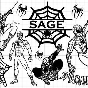 May include: Black and white graphic of Spider-Man in various action poses, with spider web and spider illustrations. The word "SAGE" is in a web design, and the word "SPIDERMAN" is also present.