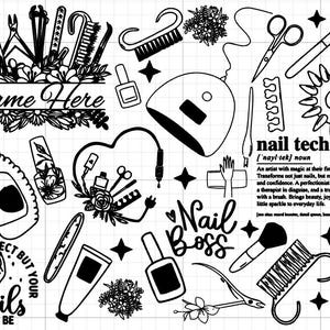 Op de afbeelding: Een zwart-witte digitale illustratie met diverse nagelstudio-gereedschappen zoals nagelknippers, vijlen, kwasten, een UV-lamp en nagellakflesjes. Het ontwerp bevat teksten zoals Name Here, nail tech, Nail Boss en Life isn't perfect but your nails can be.