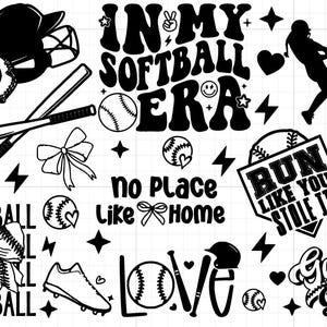Könnte beinhalten: Schwarzweißes digitales Clipart mit Softball-Motiven, darunter ein Baseballhandschuh, Schläger, eine Softballspielerin und Text, der "In My Softball Era", "No Place Like Home", "Run Like You Stole It", "Game Day" und "Love" lautet.