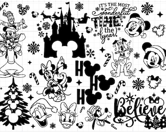 Op de afbeelding: Zwart-witte digitale clipart met verschillende Disney-figuren, waaronder Mickey Mouse, Minnie Mouse, Goofy en Pluto. De clipart bevat ook een kasteel, sneeuwvlokken, snoepstokken en de tekst "Het is de mooiste tijd van het jaar." en "Geloof".
