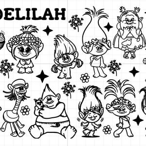 May include: Black and white line art illustration of various cartoon trolls. The illustration includes a troll with a cupcake, a troll with a guitar, a troll with a microphone, a troll with a weight, a troll with a flower, a troll with a crown, a troll with a drum, and a troll with a microphone. The illustration is titled "DELILAH".