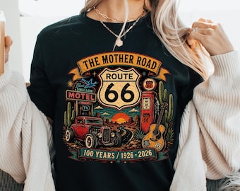 Camiseta del Centenario de la Ruta 66, Camiseta Vintage Americana, Camiseta Gráfica "La Carretera Madre 1926-2026", Sudadera Retro para Viajes por Carretera