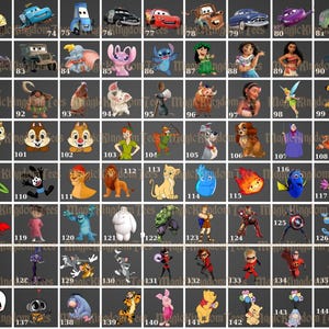 May include: A grid of cartoon character images, including cars, Stitch, Moana, Chip and Dale, Peter Pan, Simba, Dory, and the Incredibles. Each image is numbered and set against a dark background.