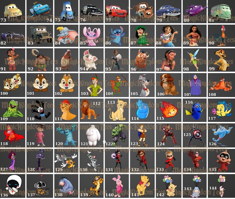 May include: A grid of cartoon character images, including cars, Stitch, Moana, Chip and Dale, Peter Pan, Simba, Dory, and the Incredibles. Each image is numbered and set against a dark background.