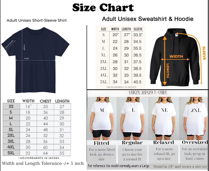 May include: A size chart for adult unisex short-sleeve shirts and sweatshirts/hoodies. The chart includes measurements in inches for width, length, and sleeve length, along with size recommendations. The image also shows models wearing different shirt sizes.