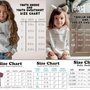 May include: Size charts for youth and toddler hoodies, sweatshirts, short-sleeve shirts, and baby bodysuits. Charts include measurements in inches for width, length, and sleeve length, as well as weight for baby sizes. The charts are displayed with children wearing the clothing.