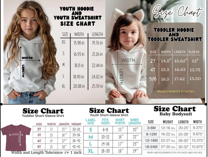 May include: Size charts for youth and toddler hoodies, sweatshirts, short-sleeve shirts, and baby bodysuits. Charts include measurements in inches for width, length, and sleeve length, as well as weight for baby sizes. The charts are displayed with children wearing the clothing.