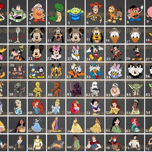May include: A grid of cartoon character images, including Disney characters like Mickey Mouse, Donald Duck, and princesses such as Ariel and Snow White. Also features characters from Toy Story, Star Wars, and other popular franchises.