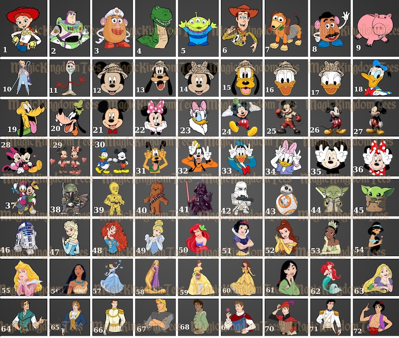 May include: A grid of cartoon character images, including Disney characters like Mickey Mouse, Donald Duck, and princesses such as Ariel and Snow White. Also features characters from Toy Story, Star Wars, and other popular franchises.