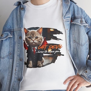 Cat Devil Urban Humor Unisex Tee, Funny Cat Lover Shirt, Heavy Cotton Shirt, Cat Lover Gift, Kitten Graphic Top