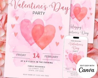 Invitación para San Valentín con corazones rosas: Plantilla editable de Canva (descarga digital)