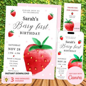 Berry First Birthday Invitation | Strawberry 1st Birthday Invite | Canva Template | Girls Strawberry Party Invite with 3 Bonuses Included