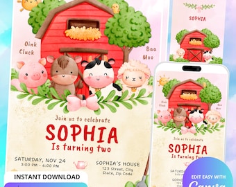May include: A printable invitation for a farm-themed birthday party. The invitation features a red barn, a pig, a cow, a horse, and a sheep. The text on the invitation reads "Join us to celebrate Sophia is turning two".